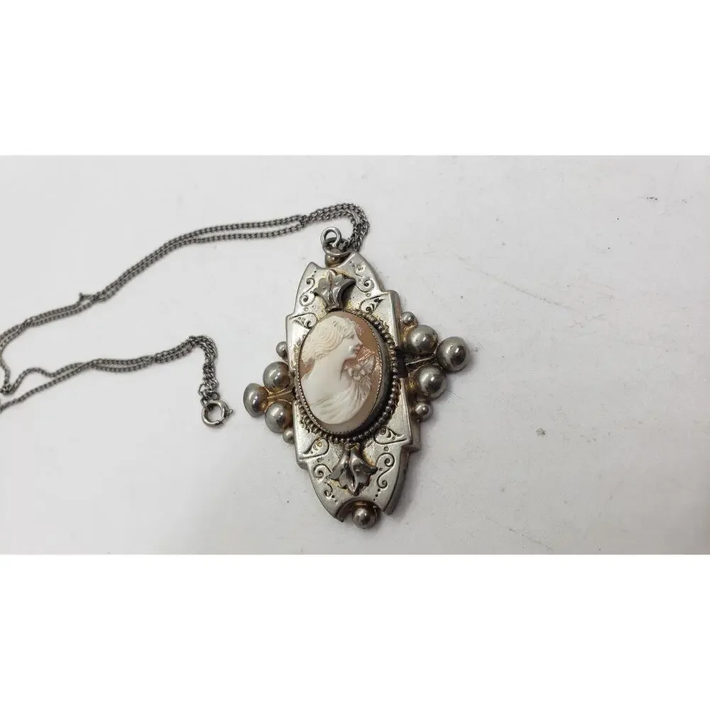 Vintage Cameo Pendant Necklace Silver Tone Ornate Art Deco Intaglio Large